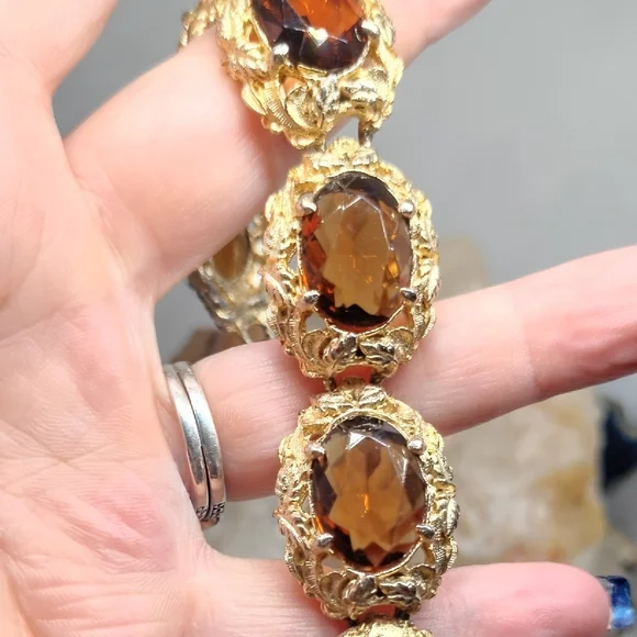 Art Deco Czech Glass Elegant Gold Gilt Women's Bracelet - Picture 3 of 10